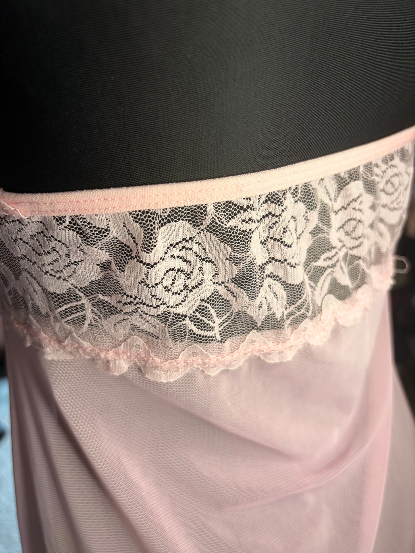 Vintage Light Pink Lace Babydoll Chemise | Sheer Halter Neck Lingerie Dress with Floral Trim & Asymmetrical Hem