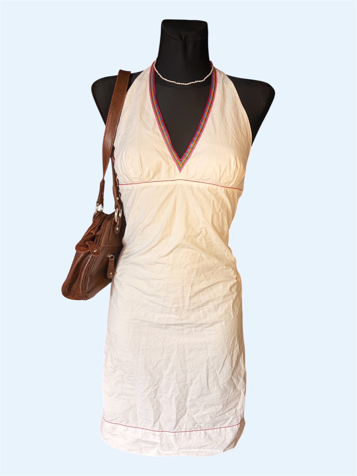 Vintage Tommy Hilfiger Y2K White Halter Mini Dress | Boho Embroidered Trim