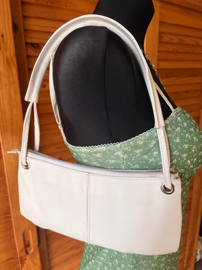 Vintage Y2K Cream Shoulder Bag with Rhinestone Heart Bow Accent