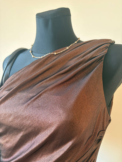 Ruched bronze one-shoulder dress