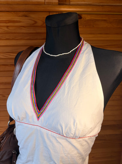 Vintage Tommy Hilfiger Y2K White Halter Mini Dress | Boho Embroidered Trim
