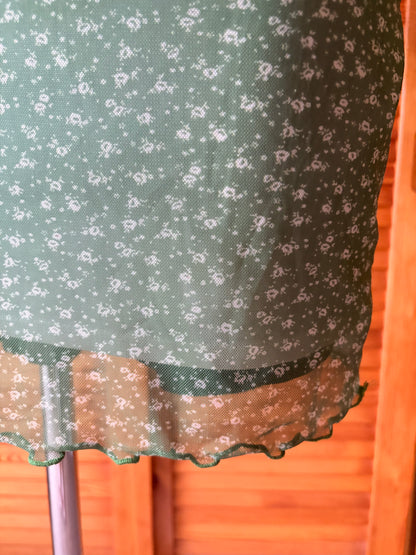 Y2K Mint Floral Mesh Cami Mini Dress w/ Ruched Bust & Lettuce Hem