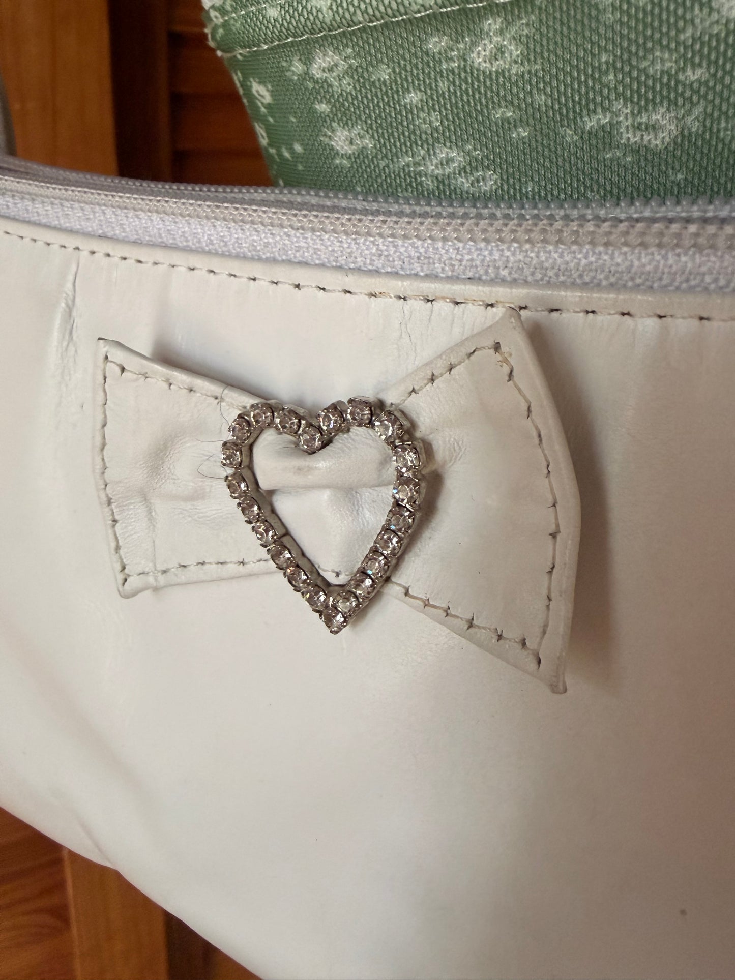 Vintage Y2K Cream Shoulder Bag with Rhinestone Heart Bow Accent