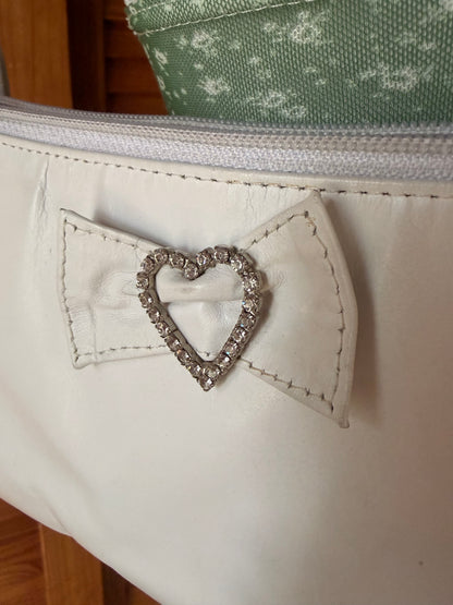 Vintage Y2K Cream Shoulder Bag with Rhinestone Heart Bow Accent