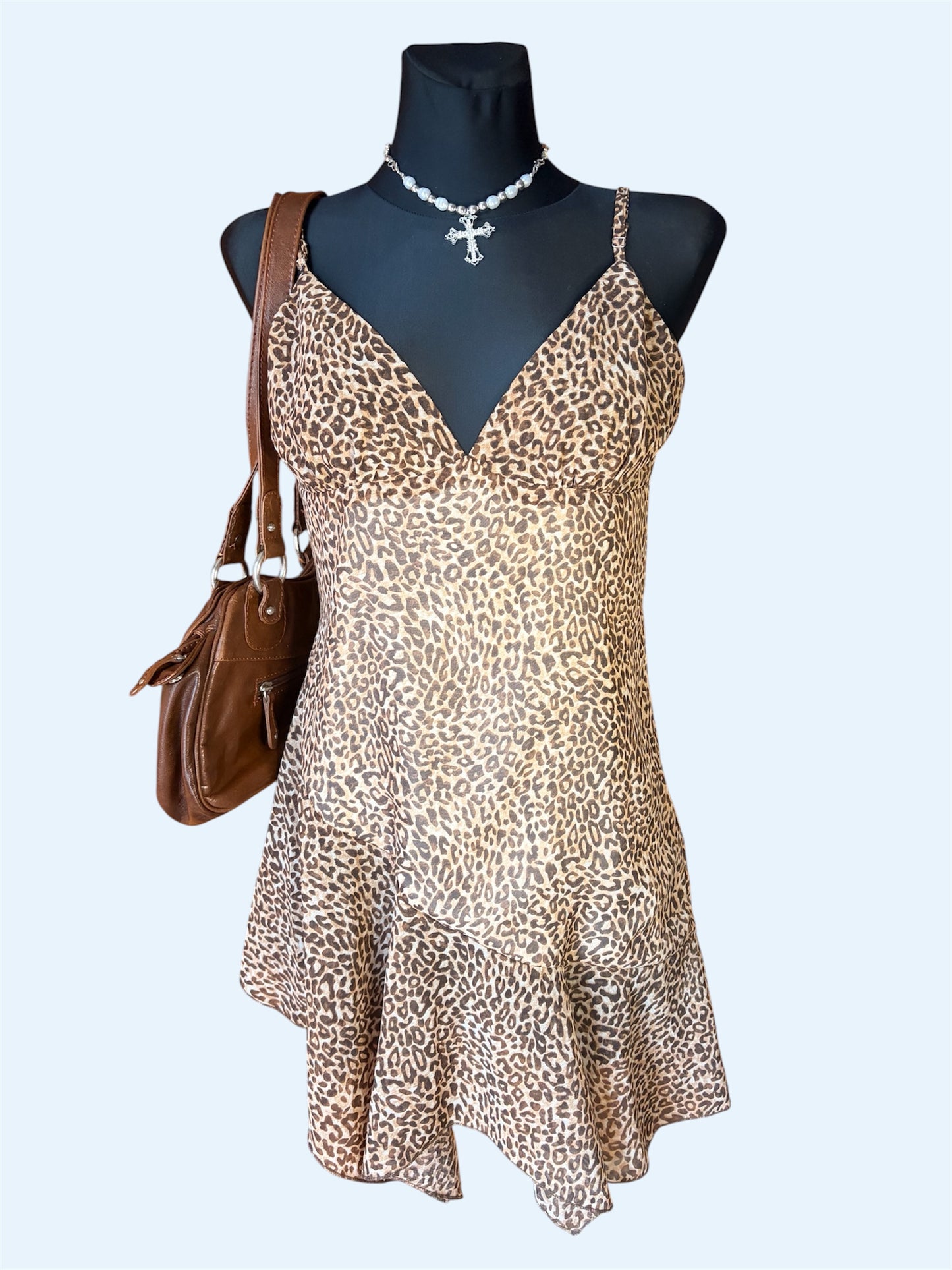 Vintage 90s Style Leopard Print Slip Dress - Asymmetrical Flounce Hem Party Mini