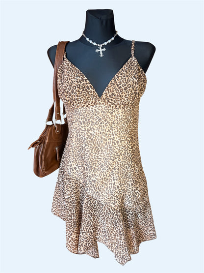 Vintage 90s Style Leopard Print Slip Dress - Asymmetrical Flounce Hem Party Mini
