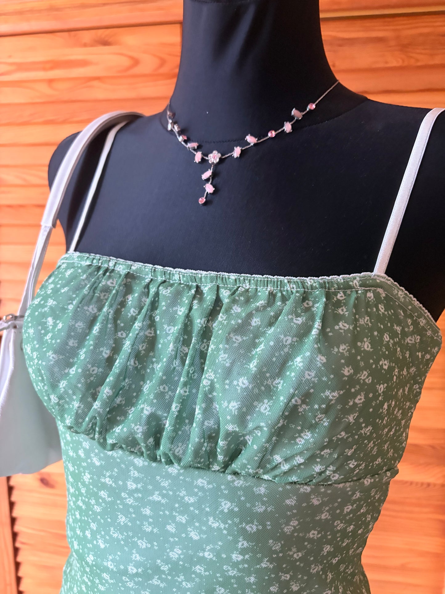 Y2K Mint Floral Mesh Cami Mini Dress w/ Ruched Bust & Lettuce Hem