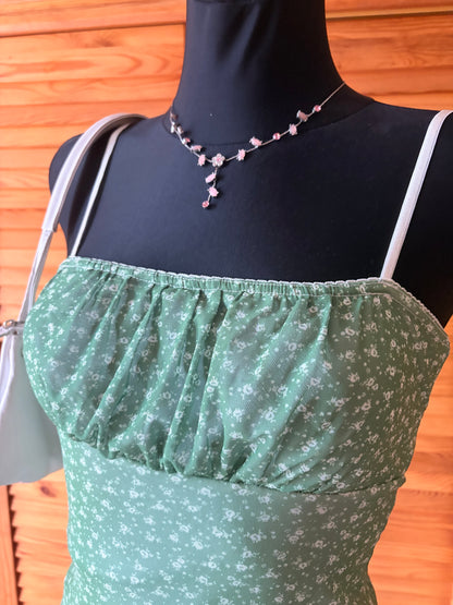 Y2K Mint Floral Mesh Cami Mini Dress w/ Ruched Bust & Lettuce Hem