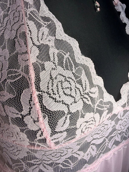 Vintage Light Pink Lace Babydoll Chemise | Sheer Halter Neck Lingerie Dress with Floral Trim & Asymmetrical Hem