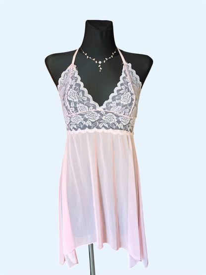 Vintage Light Pink Lace Babydoll Chemise | Sheer Halter Neck Lingerie Dress with Floral Trim & Asymmetrical Hem