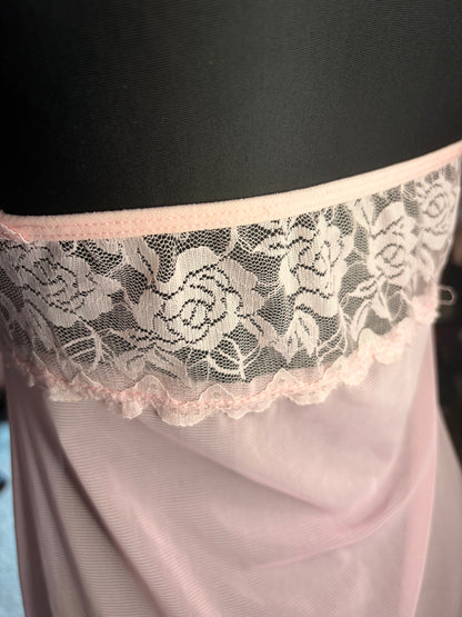 Vintage Light Pink Lace Babydoll Chemise | Sheer Halter Neck Lingerie Dress with Floral Trim & Asymmetrical Hem