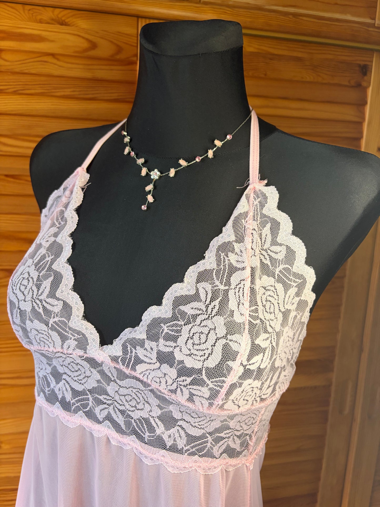Vintage Light Pink Lace Babydoll Chemise | Sheer Halter Neck Lingerie Dress with Floral Trim & Asymmetrical Hem
