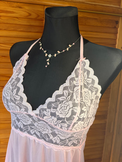 Vintage Light Pink Lace Babydoll Chemise | Sheer Halter Neck Lingerie Dress with Floral Trim & Asymmetrical Hem