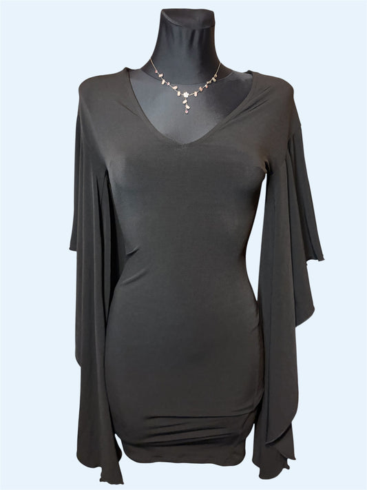Black mini pencil dress with bell sleeves