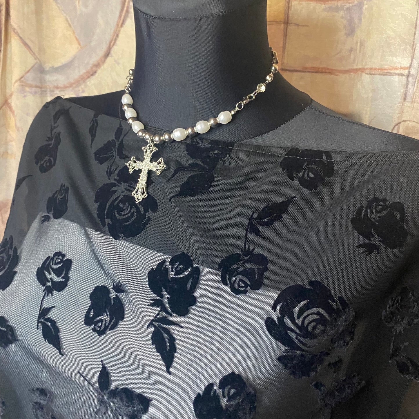 Off-shoulder floral mesh top