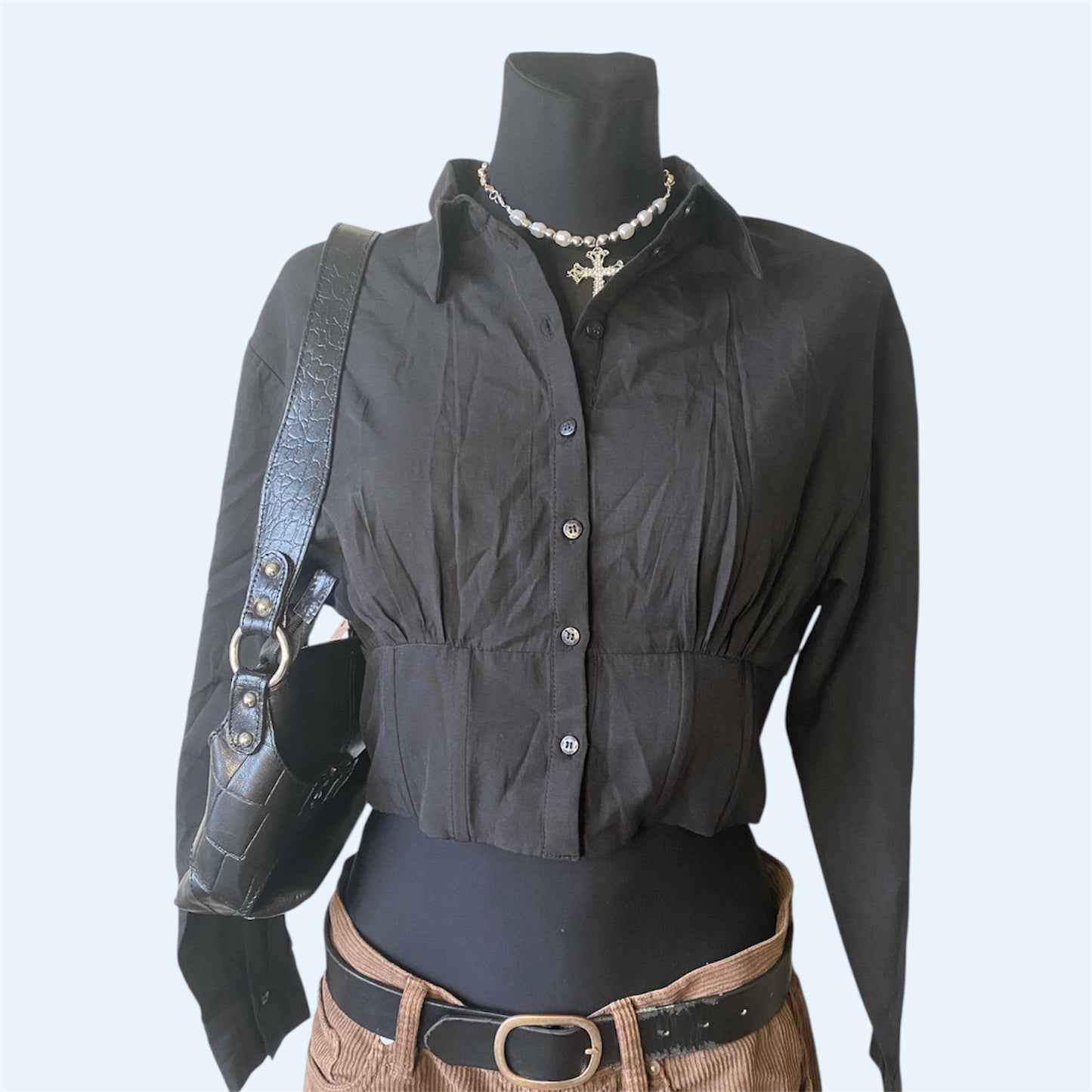 Black button-up long sleeve cropped shirt