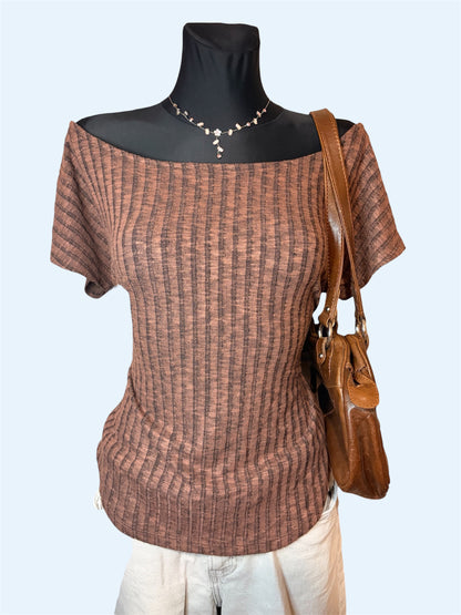 Off-shoulder brown knit top