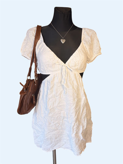 White Cutout Tie-Front Mini Dress with Puff Sleeves