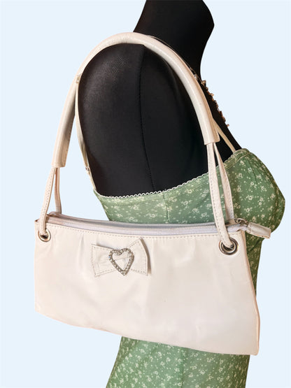 Vintage Y2K Cream Shoulder Bag with Rhinestone Heart Bow Accent