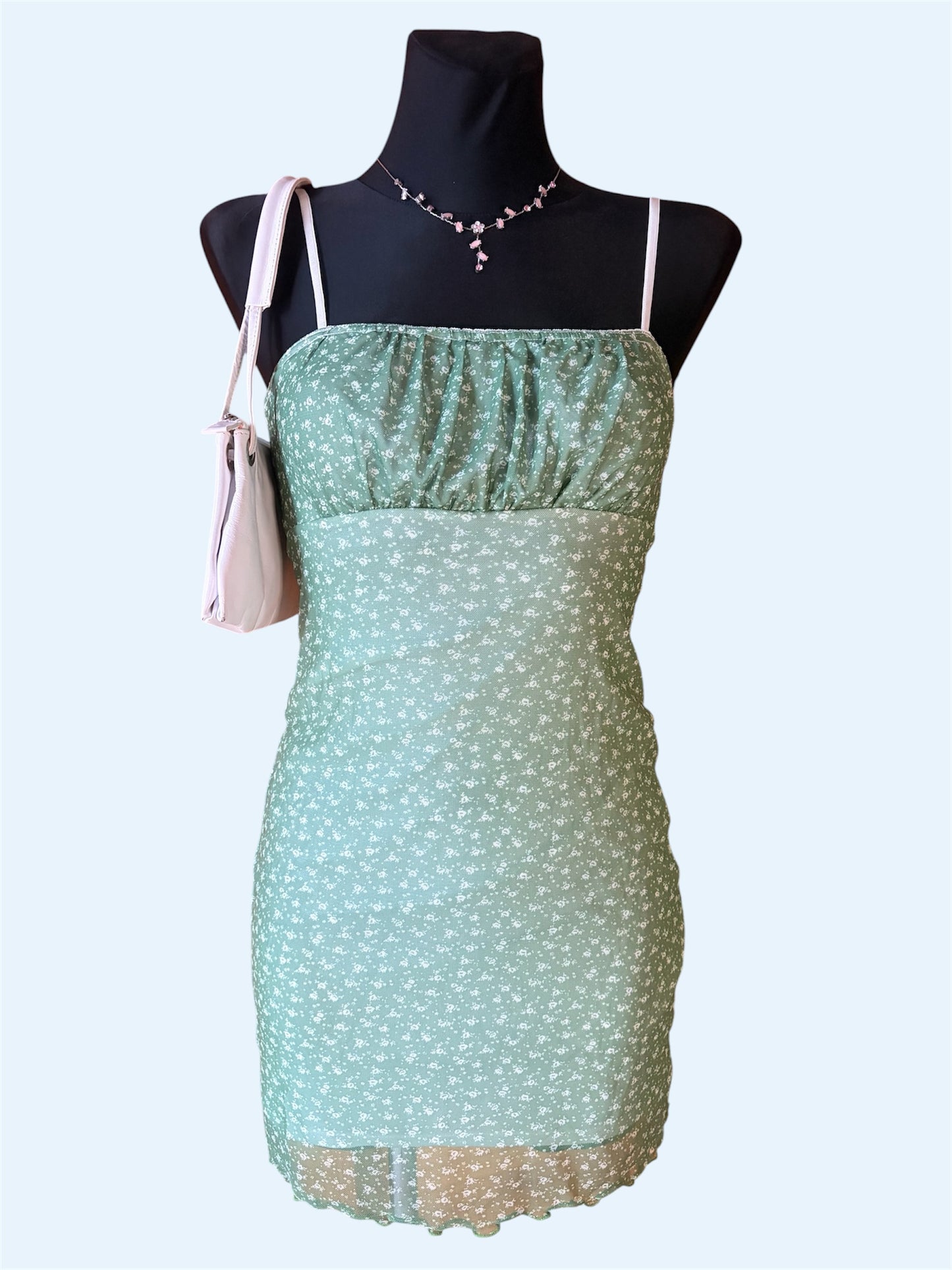 Y2K Mint Floral Mesh Cami Mini Dress w/ Ruched Bust & Lettuce Hem