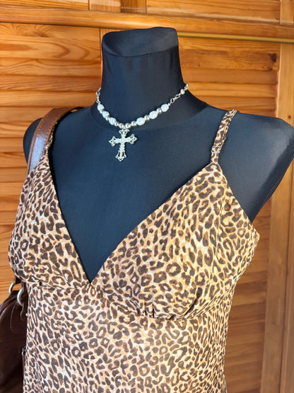 Vintage 90s Style Leopard Print Slip Dress - Asymmetrical Flounce Hem Party Mini