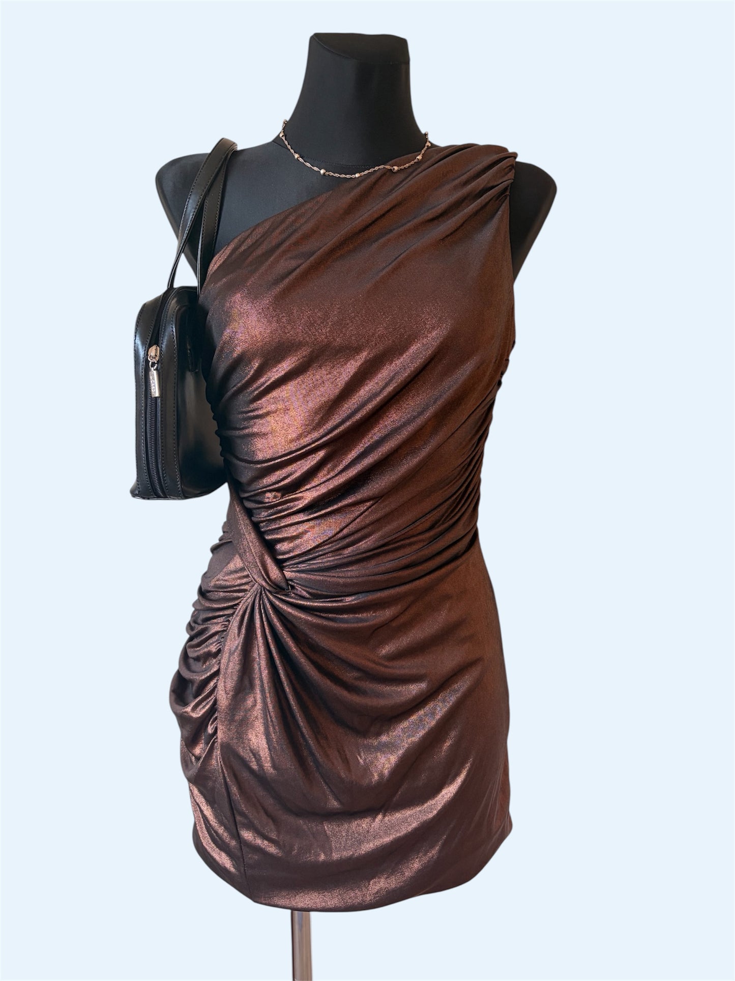 Ruched bronze one-shoulder dress