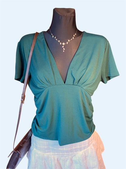 Elegant Deep V-Neck Emerald Green Top – Flattering Empire Waist Short Sleeve Blouse