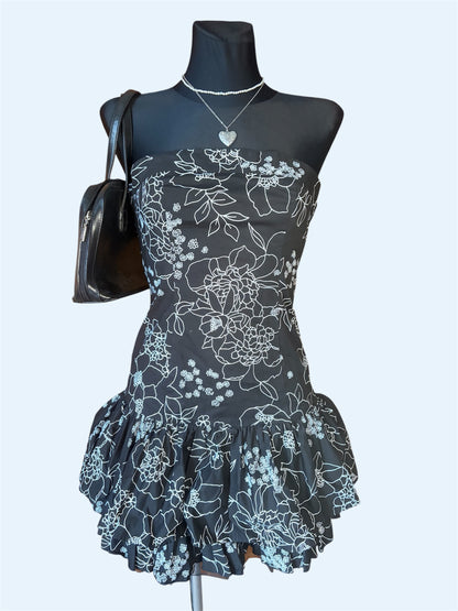 Vintage Y2K Black & White Floral Strapless Corset Mini Dress