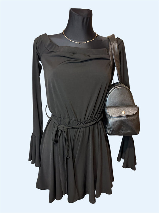 Black long-sleeve off-shoulder mini jumpsuit