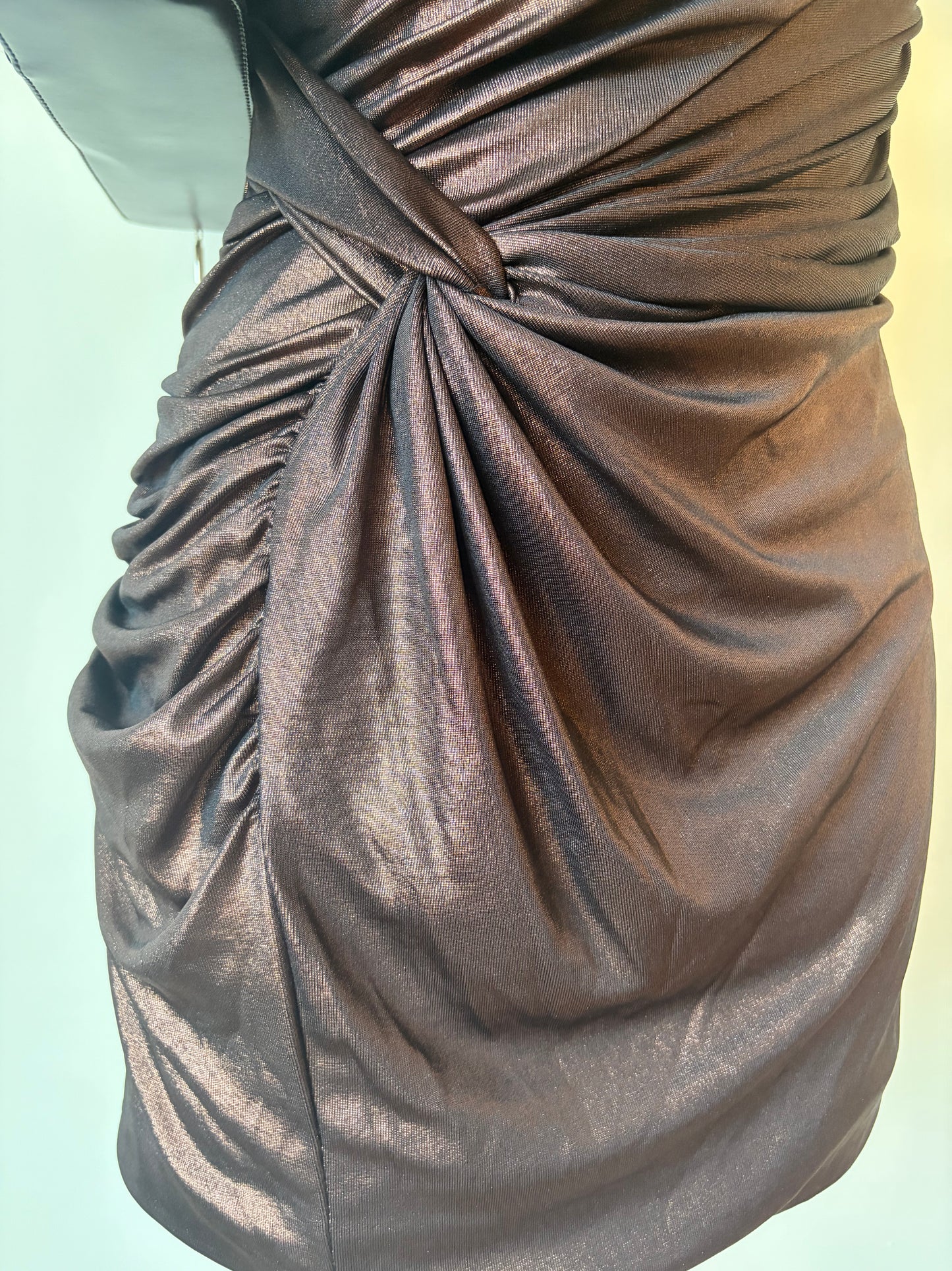 Ruched bronze one-shoulder dress