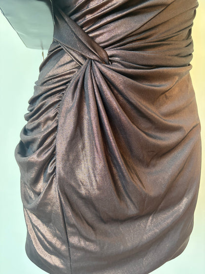 Ruched bronze one-shoulder dress